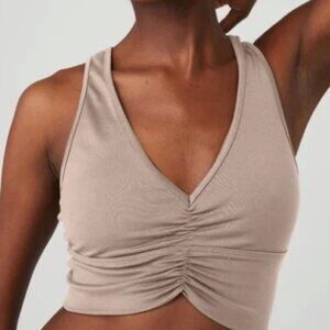 ALO YOGA WILD THING V-NECK BRA IN TAUPE, SIZE M